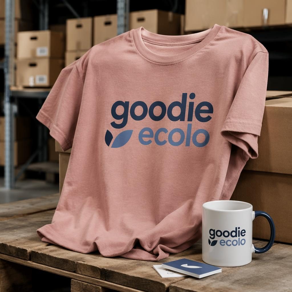 T-shirt rose poudré avec logo goodie ecolo bleu, photographié en studio dans un décor industriel type entrepôt