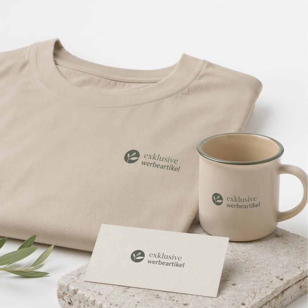 Beige sandfarbene Emaille-Tasse mit kleinem exklusive werbeartikel Logo vor weißem Hintergrund