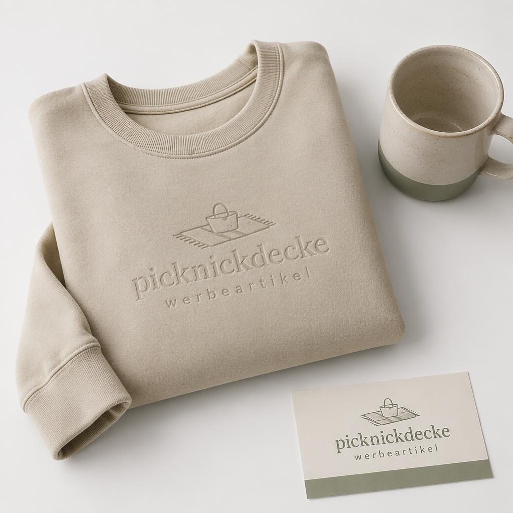 Beiger Crewneck aus Sandfarbe mit dezentem tonalem picknickdecke werbeartikel Logo auf weißem Hintergrund