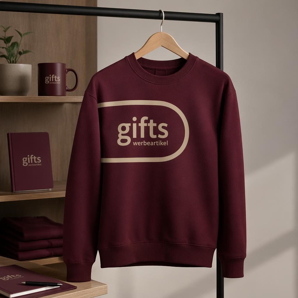 Bordeauxfarbener Crewneck mit umlaufendem gifts werbeartikel Logo, hängend an Kleiderstange im Studio