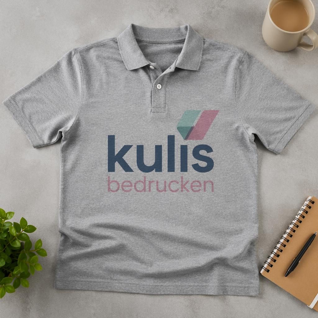 Heathergraues Polo-Shirt als Flatlay im Studio mit großem kulis bedrucken Logo in sanften Pastellfarben.