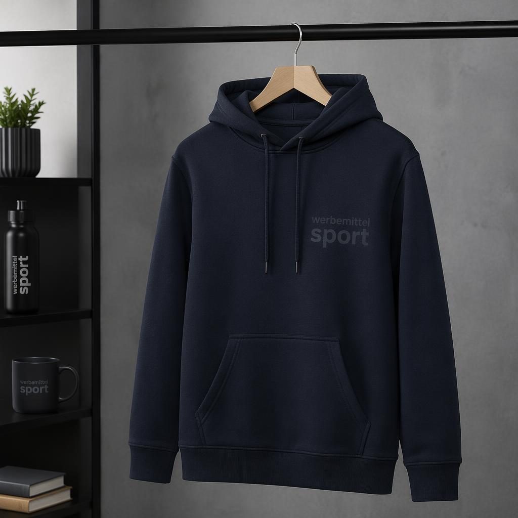 Dunkelblauer Hoodie an einer Kleiderstange mit dezentem tone-on-tone werbemittel sport Logo im Studio