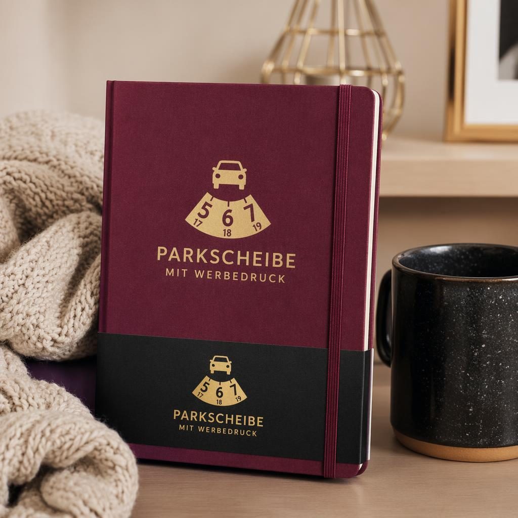 Fotorealistisches bordeauxfarbenes Notizbuch im Cozy-Home-Setting mit schwarzem und goldenem Logo-Print
