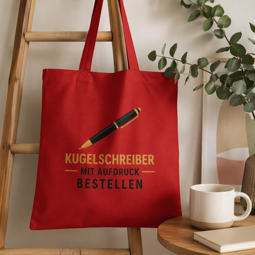 Fotorealistisches Mockup einer roten Tote Bag mit großem Logo auf der Rückseite in gemütlichem Wohnambiente