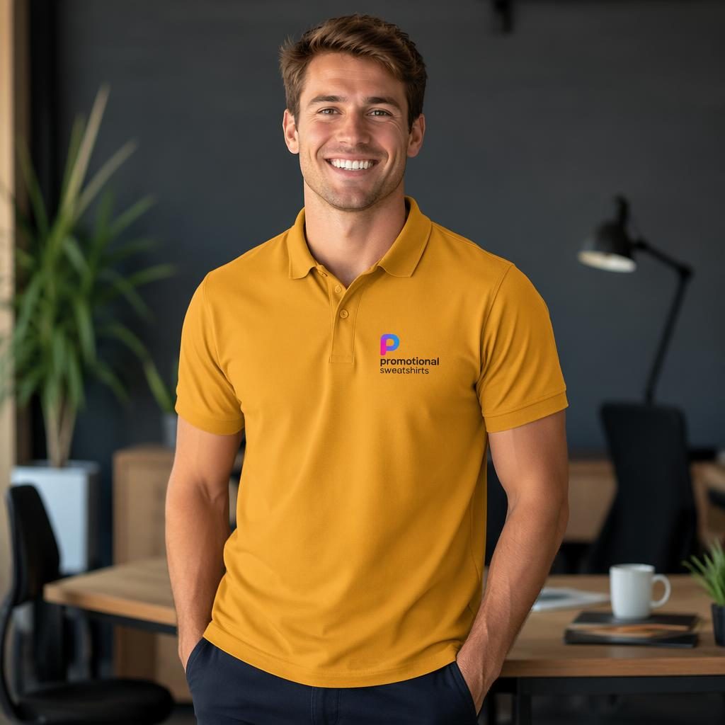 Model wearing a mustard yellow polo shirt with a small colorful promotional sweatshirts logo on the left chest