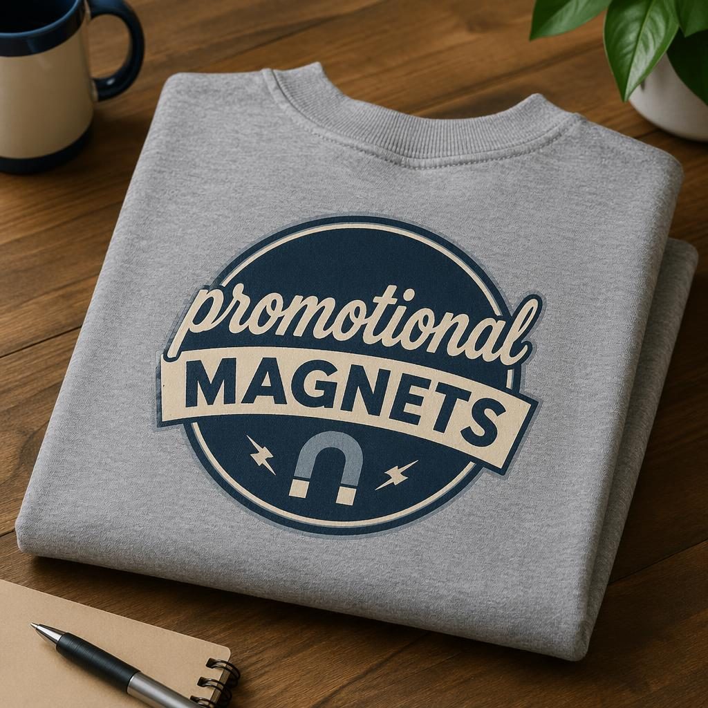 Folded stack of heather gray crewneck sweatshirts with promotional magnets logo printed on the back in navy and cream.