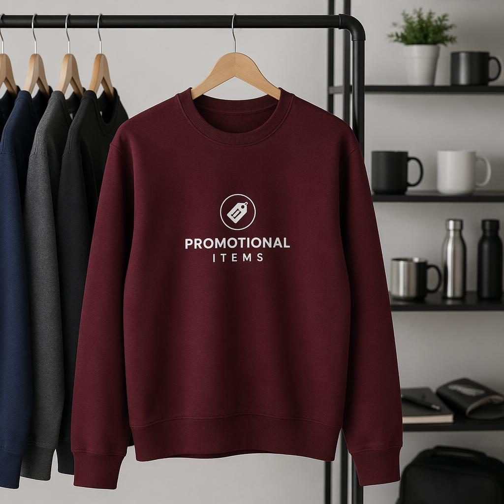 Burgundy crewneck sweatshirt hanging on a rack with a centered promotional items logo in a minimal monochrome print