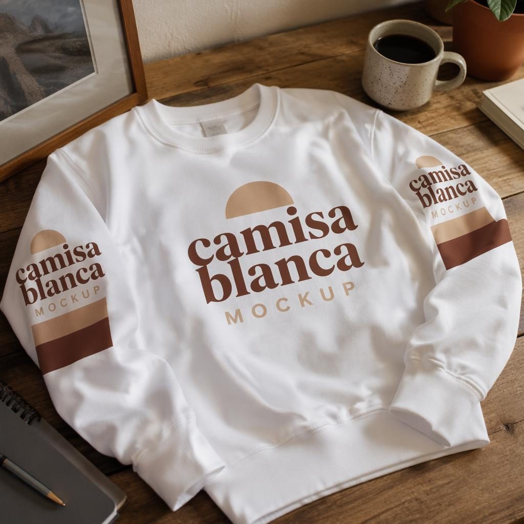 Sudadera blanca en escena de escritorio lifestyle con logo envolvente, taza cerámica y papelería en tonos tierra.