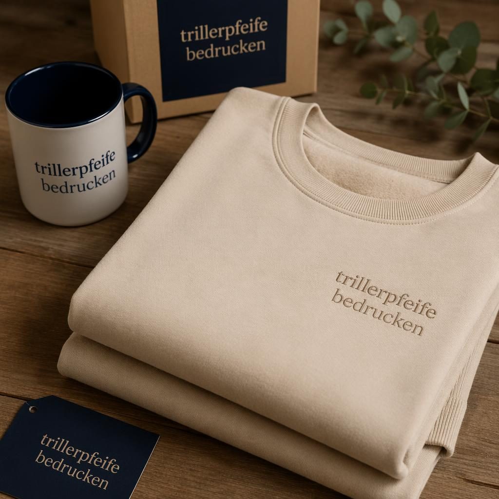 Gefalteter sandbeiger Crewneck mit dezent tonalem Logo, Studio-Mockup mit scharfem Fokus und sichtbarer Stoffstruktur.