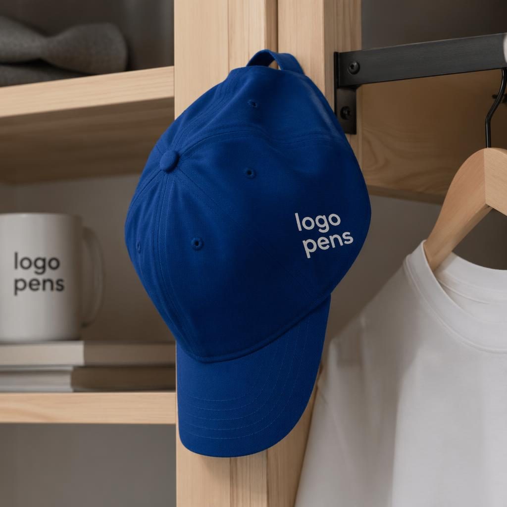Royal blue cap hanging on a rack with generic logo pens branding, sharp studio lighting and visible fabric texture.