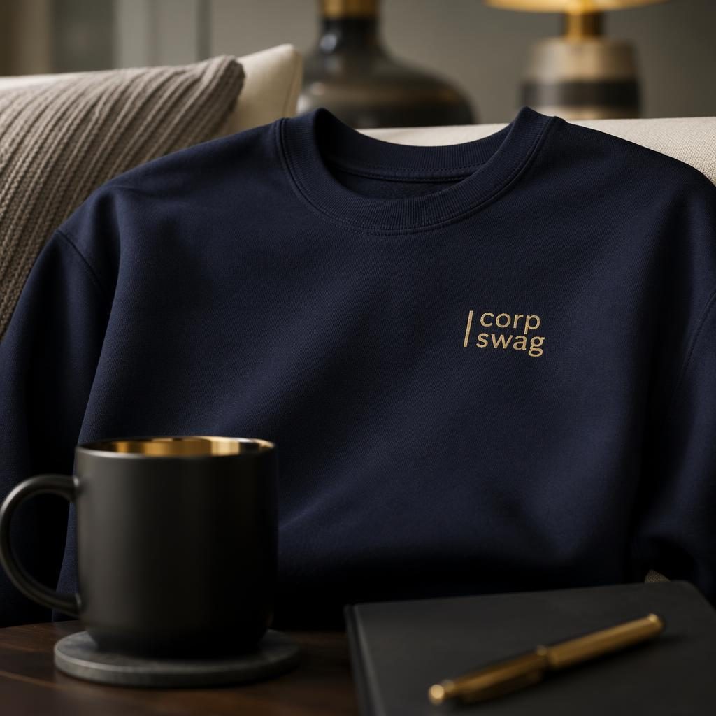 Photo-real navy crewneck mockup with small corp swag logo at left chest in a cozy home setting with black and gold accents.