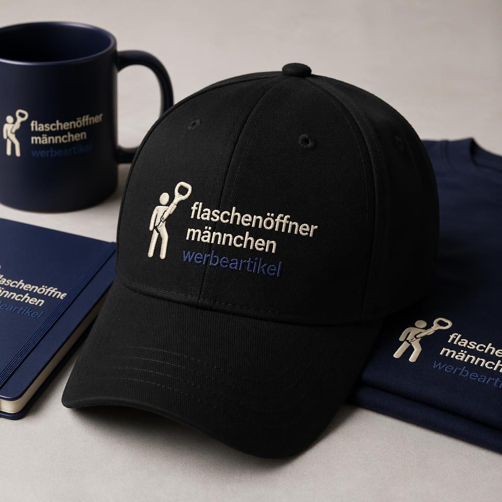 Gefaltete schwarze Cap mit gesticktem Logo in Navy und Creme, studiofotografiert mit scharfer Stoffstruktur