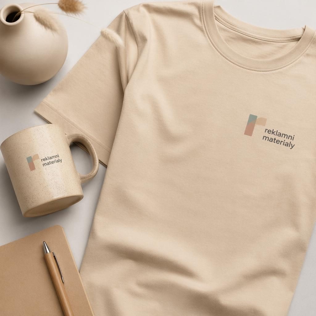 Béžový keramický hrnek s malým logem reklamni materialy ve studiovém flat lay aranžmá v jemných pastelových tónech.