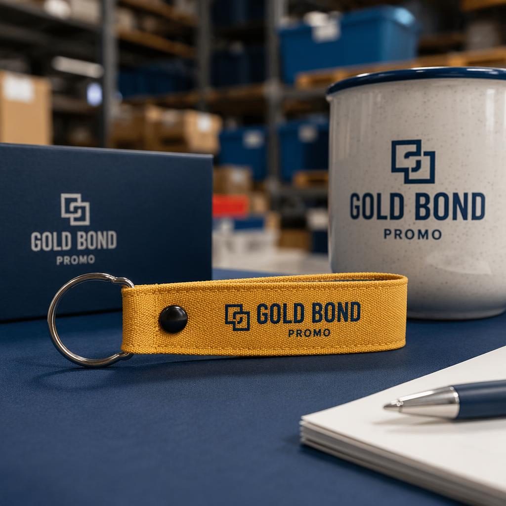 Photo-real mustard yellow keychain mockup with a small gold bond promo logo in an industrial studio setting.