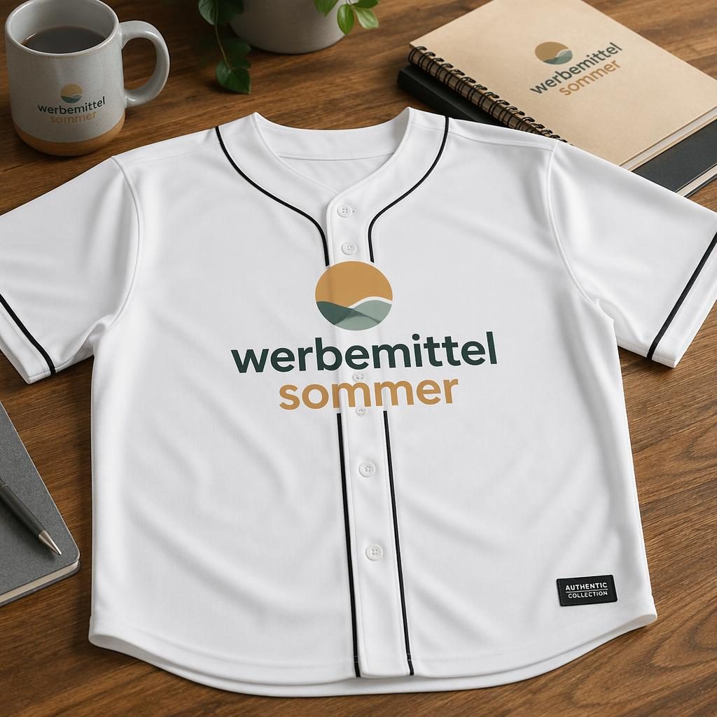 Weißes Baseball-Jersey als Produkt-Mockup auf einem Schreibtisch, Logo mittig auf der Brust, warme Erdtöne.