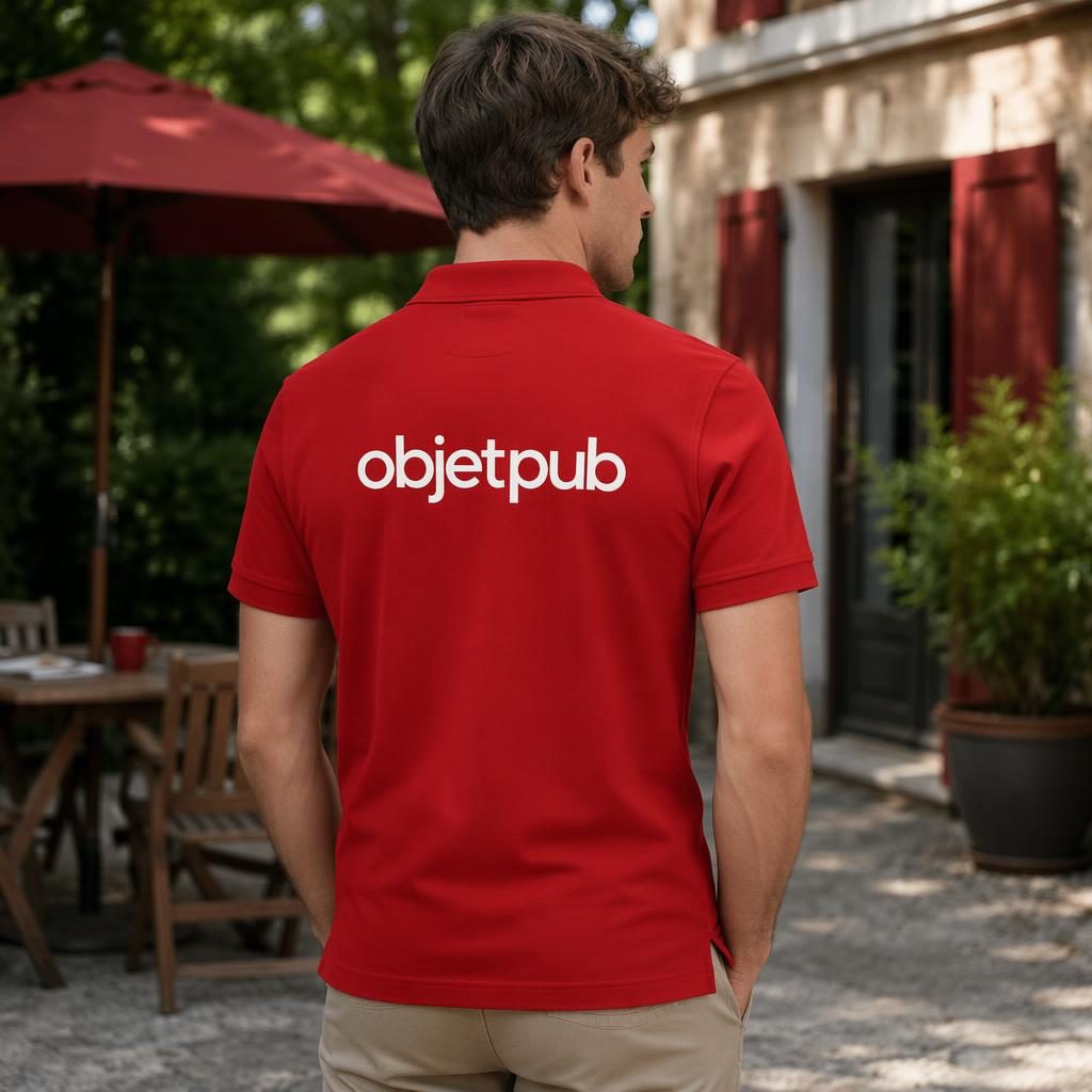 Polo rouge classique vu de dos en extérieur, avec logo blanc objetpub imprimé en grand au dos, rendu photo réaliste