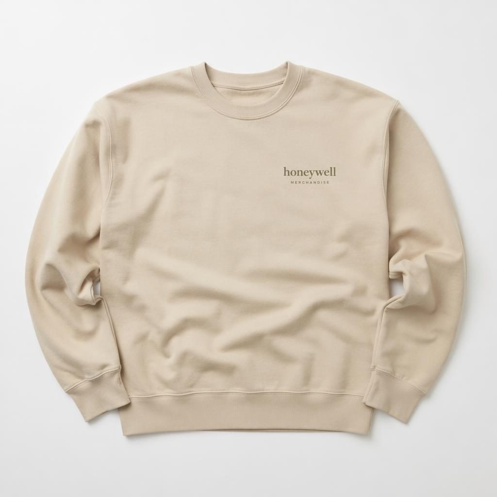 Beige sand sweatshirt mockup on a white background with a small left-chest honeywell merchandise logo in sage and ivory.