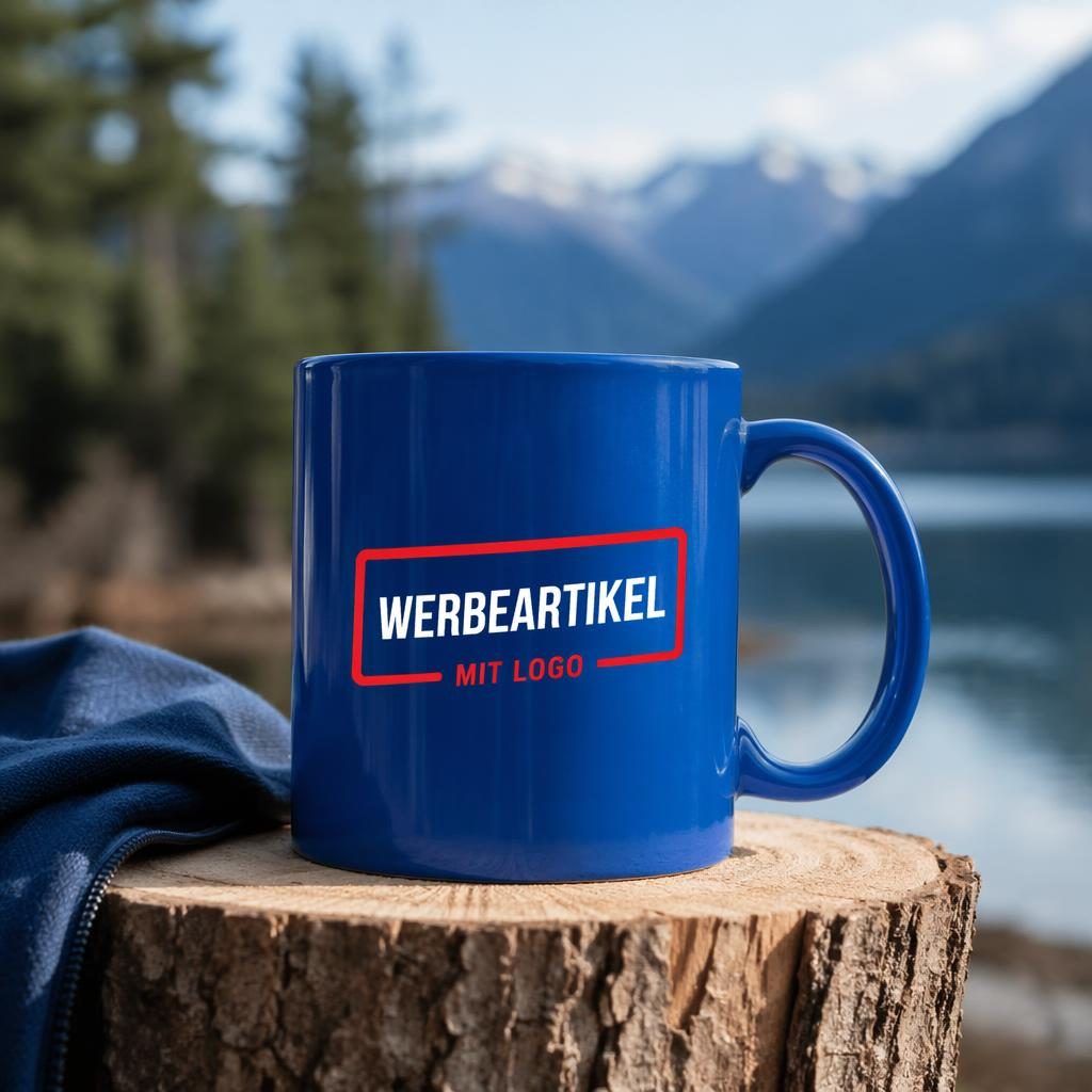 Royalblaue Keramiktasse im Outdoor-Lifestyle-Mockup mit rotem und weißem Logo, scharf fotografiert