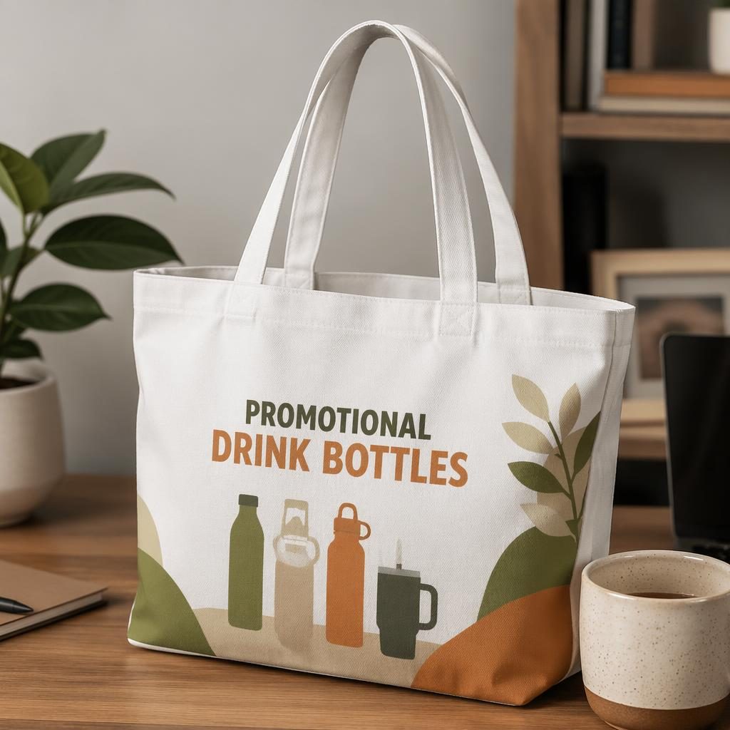 White tote bag mockup on a desk with wrap-around promotional drink bottles logo in warm earth tones.