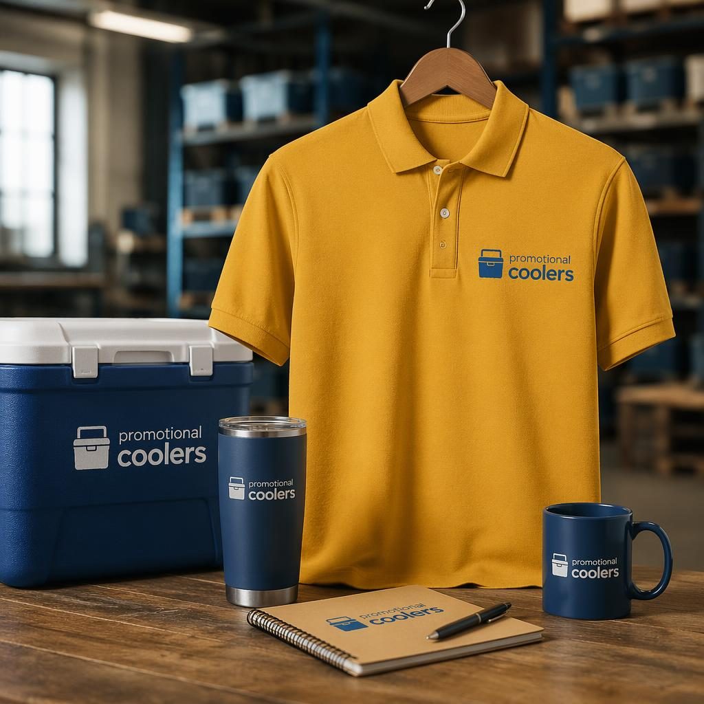 Mustard yellow polo shirt mockup with small promotional coolers logo on left chest in a warehouse-style studio.
