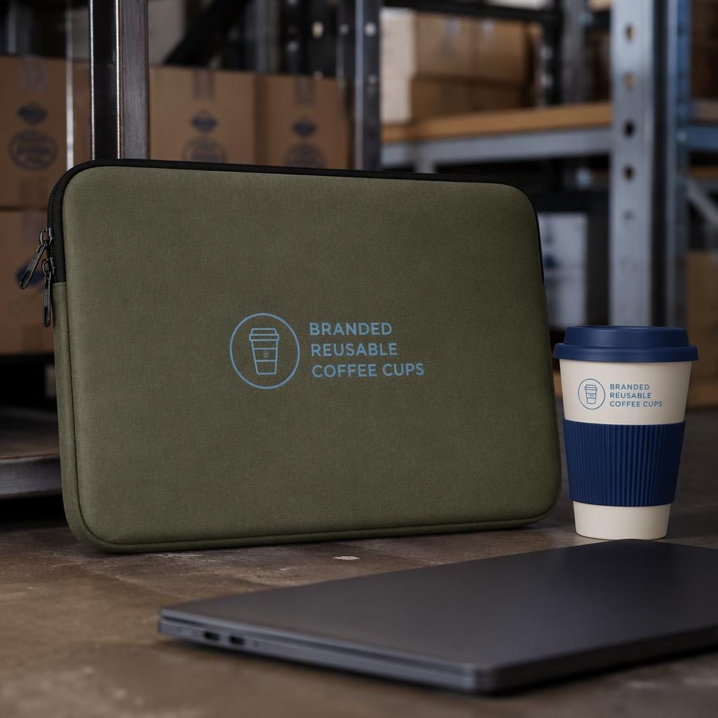 Olive green laptop sleeve mockup with branded reusable coffee cups logo in blue, styled in an industrial studio setting.