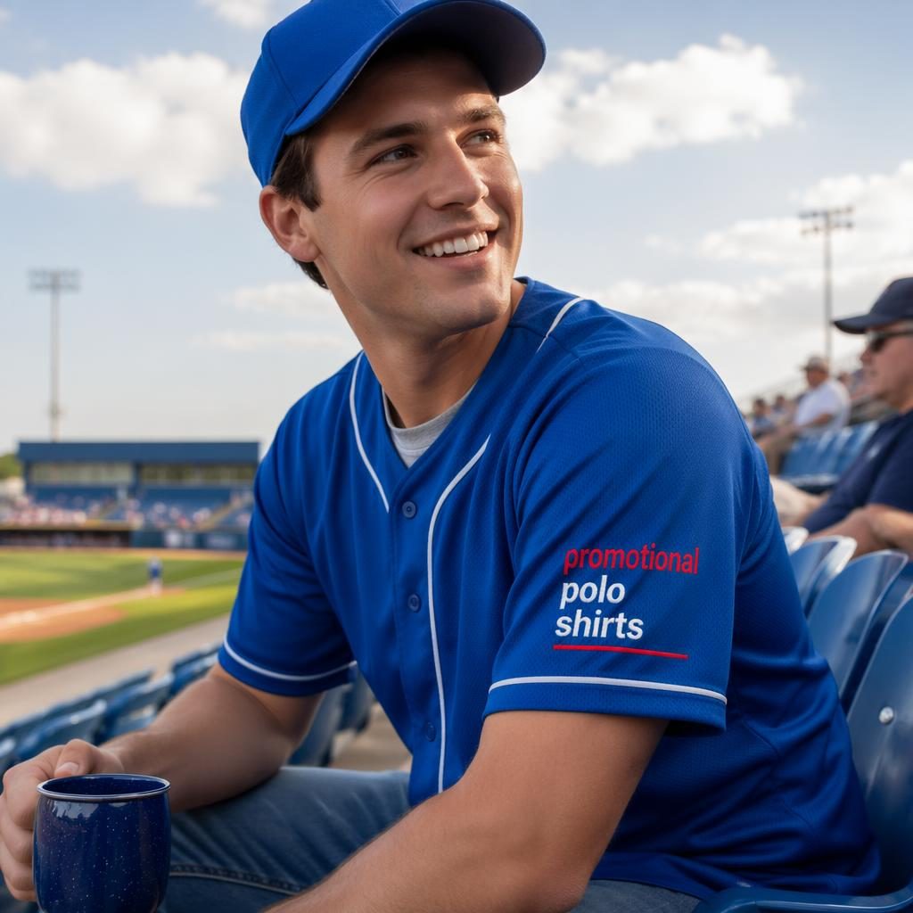 Royal blue baseball jersey mockup outdoors with red and white sleeve logo, sharp fabric texture and studio lighting