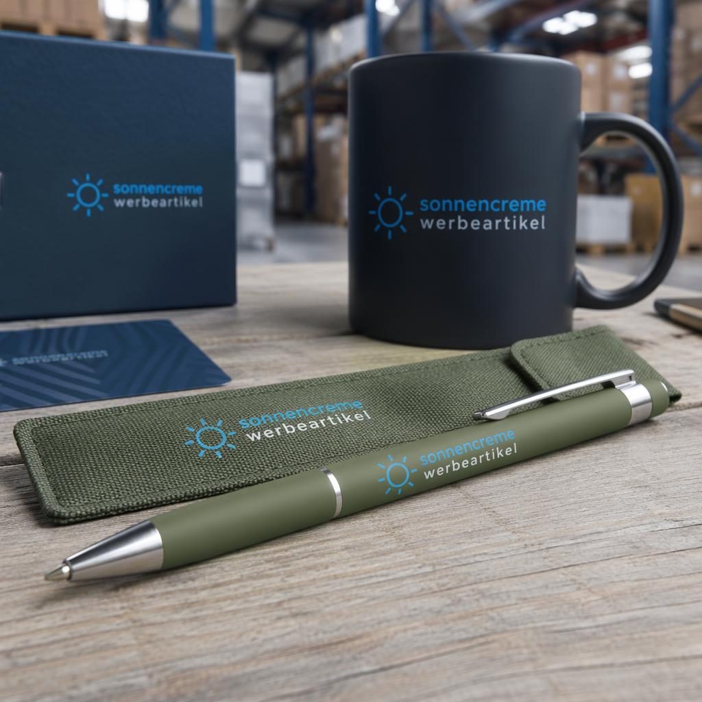 Fotorealistischer olivgrüner Kugelschreiber mit sonnencreme werbeartikel Logo in Industrial-Umgebung