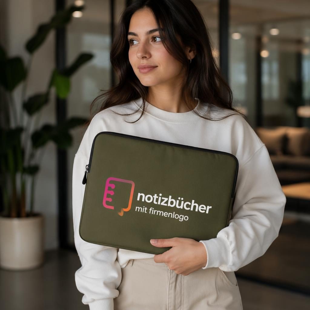 Model trägt olivgrüne Laptop-Hülle mit buntem Verlauf-Logo, fotografiert im Studio mit sichtbarer Stoffstruktur.