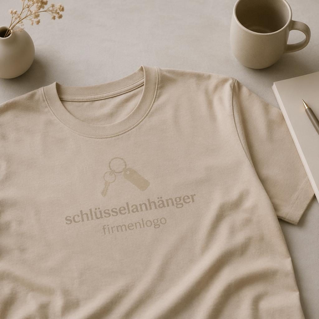 Beiges Sand-T-Shirt als Studio-Flatlay mit dezentem Ton-in-Ton-Logo, weiche Pastelloptik und sichtbare Stoffstruktur