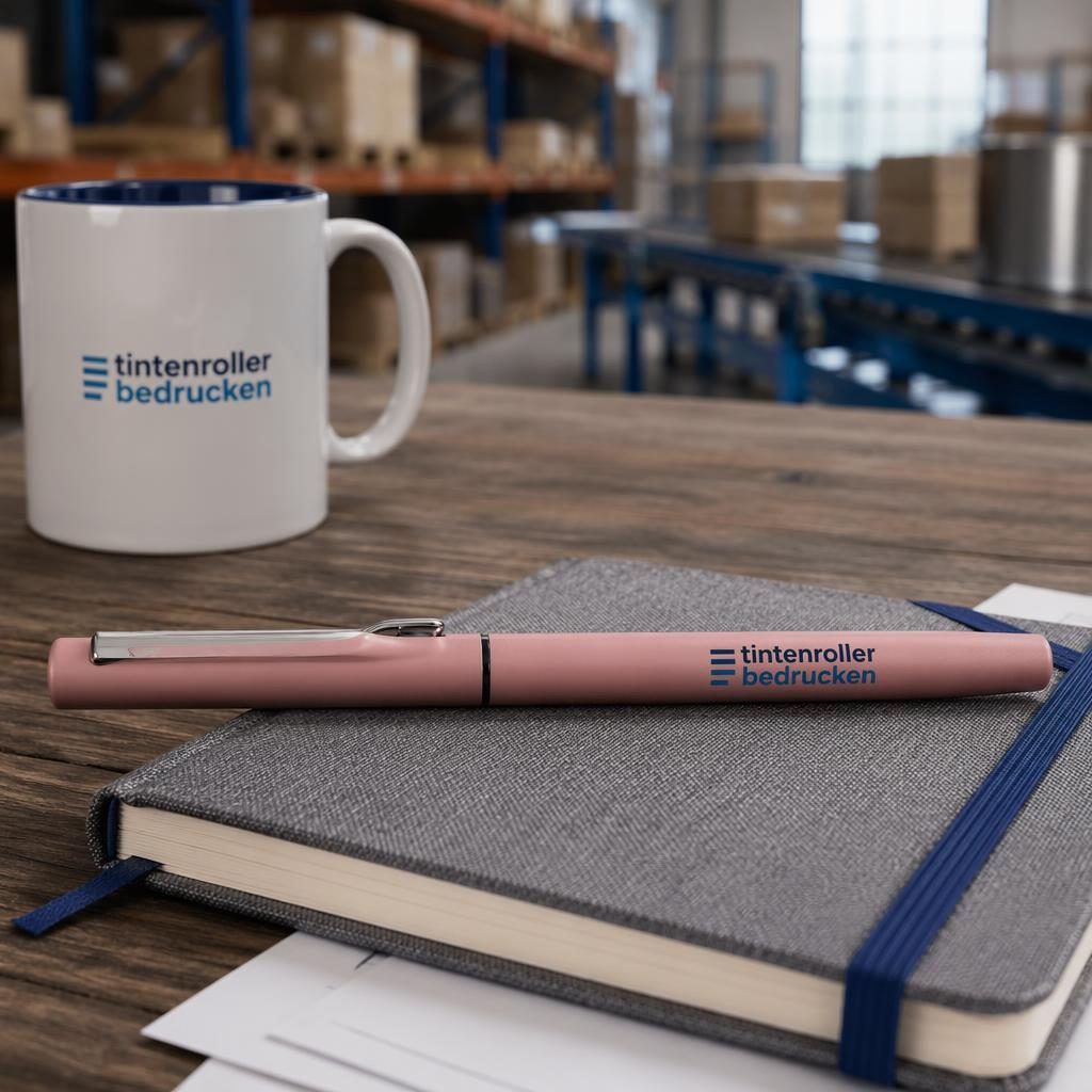 Staubig rosafarbener Tintenroller mit blauem Logo in realistischer Industrial-Mockup-Fotografie vor Lagerhauskulisse.