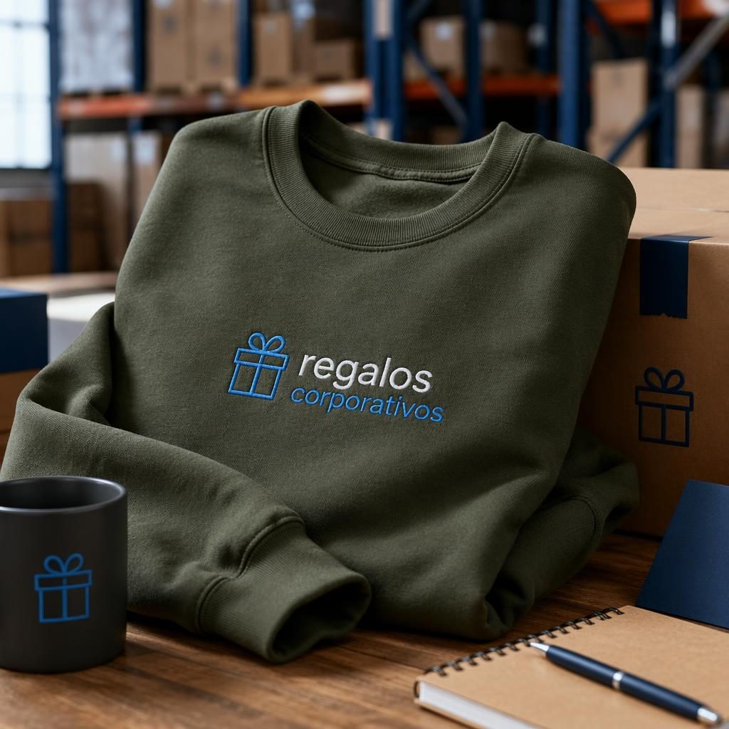 Sudadera verde oliva con logo bordado genérico, fotografiada en estilo industrial tipo almacén con luz de estudio.