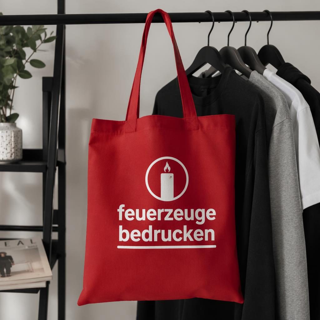 Rote Tote Bag mit großem feuerzeuge bedrucken Logo, hängend an Kleiderstange im Studio