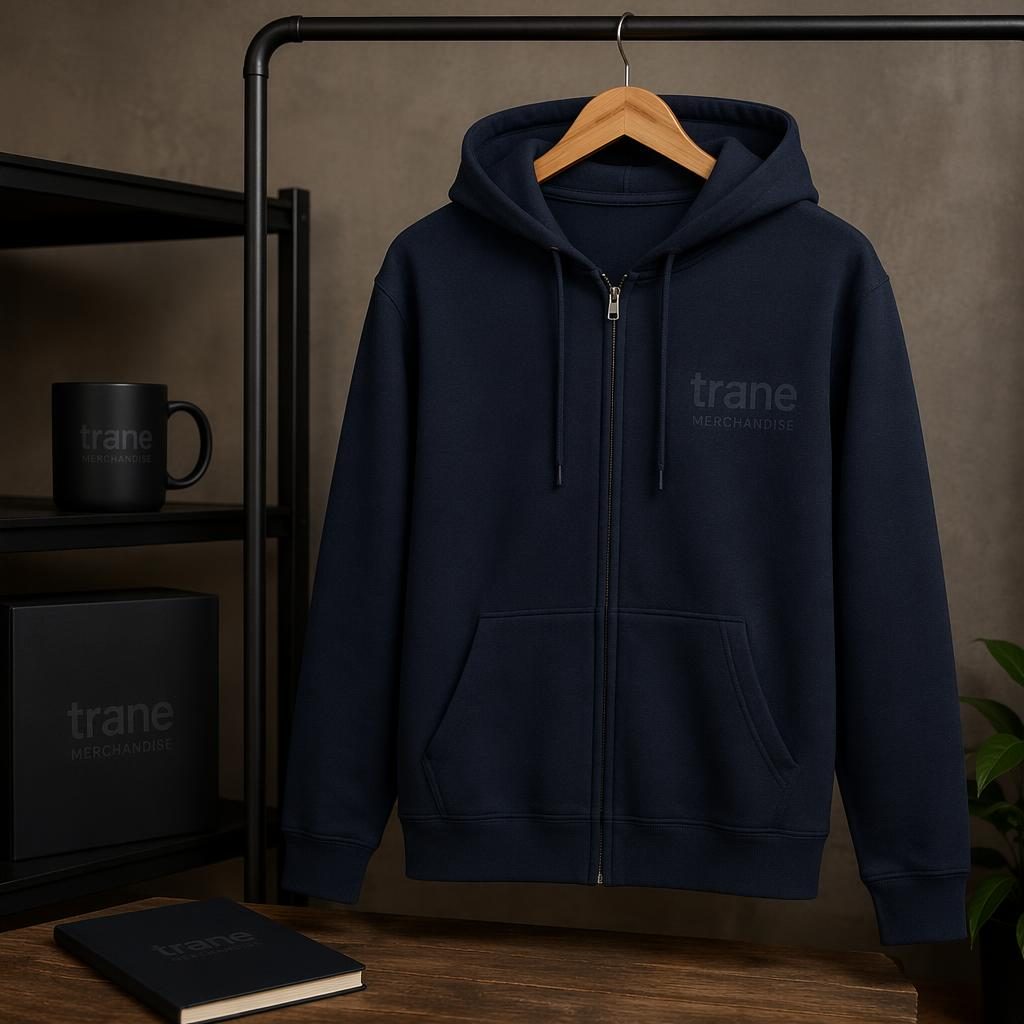 Photo-real navy zip-up hoodie with subtle tone-on-tone trane merchandise logo, hanging on a rack in studio light.
