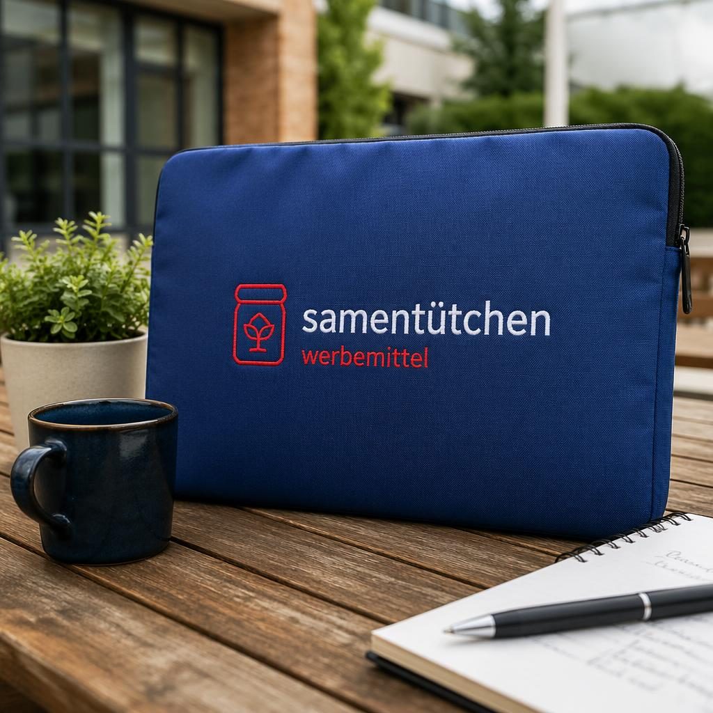 Royalblaues Laptop-Sleeve mit rot-weißem samentütchen werbemittel Logo im Outdoor-Lifestyle-Mockup