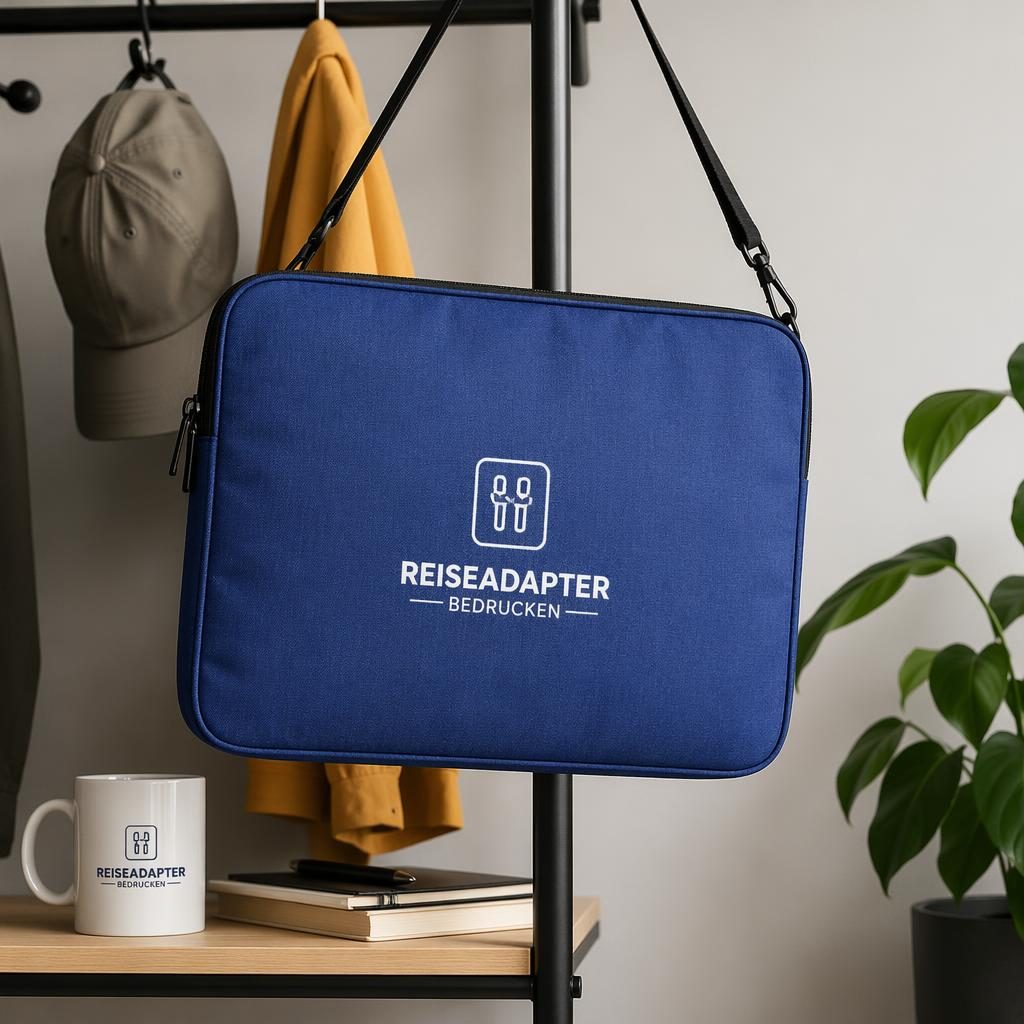 Royalblaues Laptop-Sleeve mit Logo, hängend an einer Kleiderstange, im Studio mit scharfem Fokus und sichtbarer Stoffstruktur