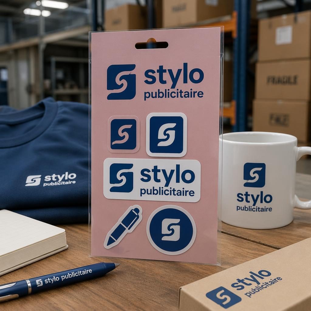 Mockup photo réaliste d’un pack de stickers rose poudré avec logo stylo publicitaire, ambiance entrepôt industriel