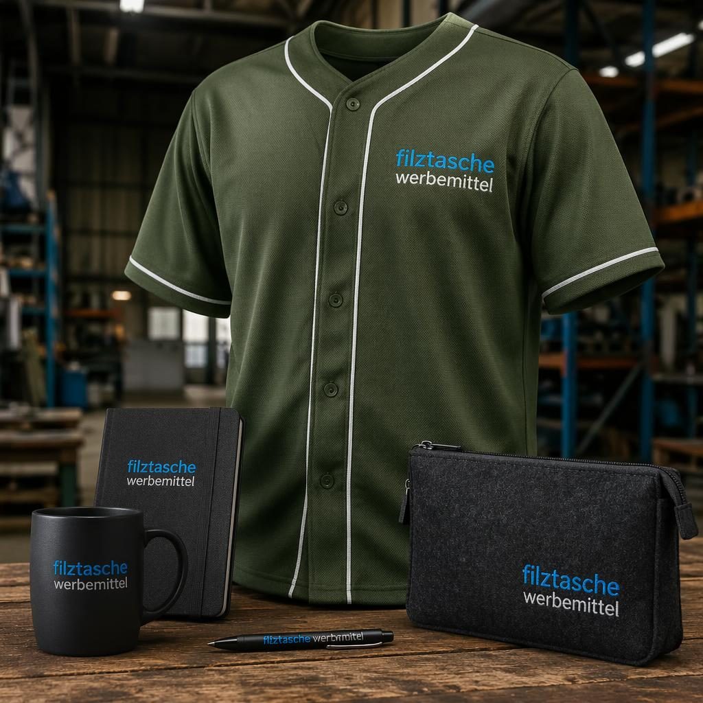 Fotorealistisches olivgrünes Baseball-Jersey im Industrial-Setting mit gesticktem filztasche werbemittel Logo