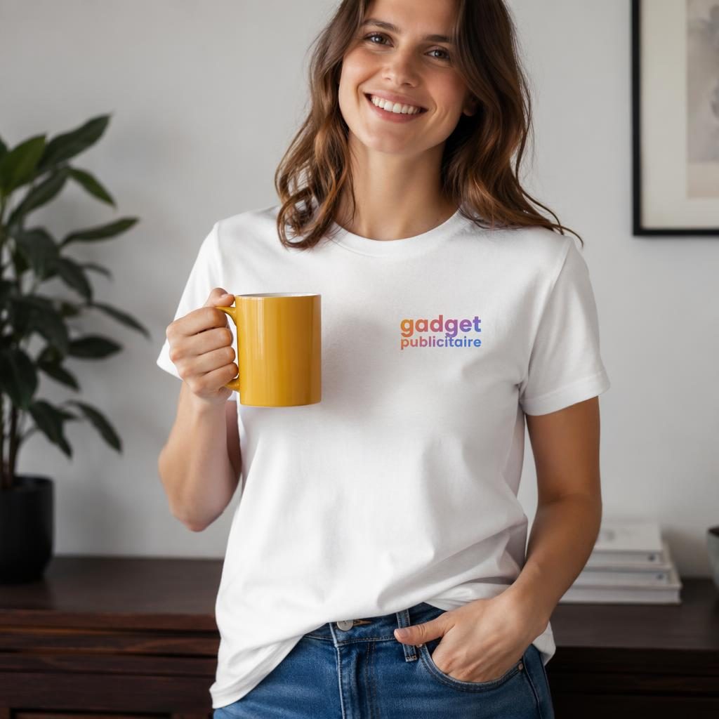 Mockup photo réaliste d’un mug jaune moutarde avec logo gadget publicitaire, éclairage studio et finition céramique nette.