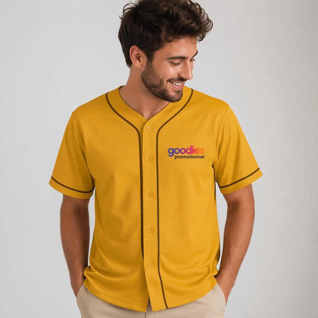 Modèle portant un jersey de baseball jaune moutarde avec petit logo goodies promotionnel sur la poitrine gauche.