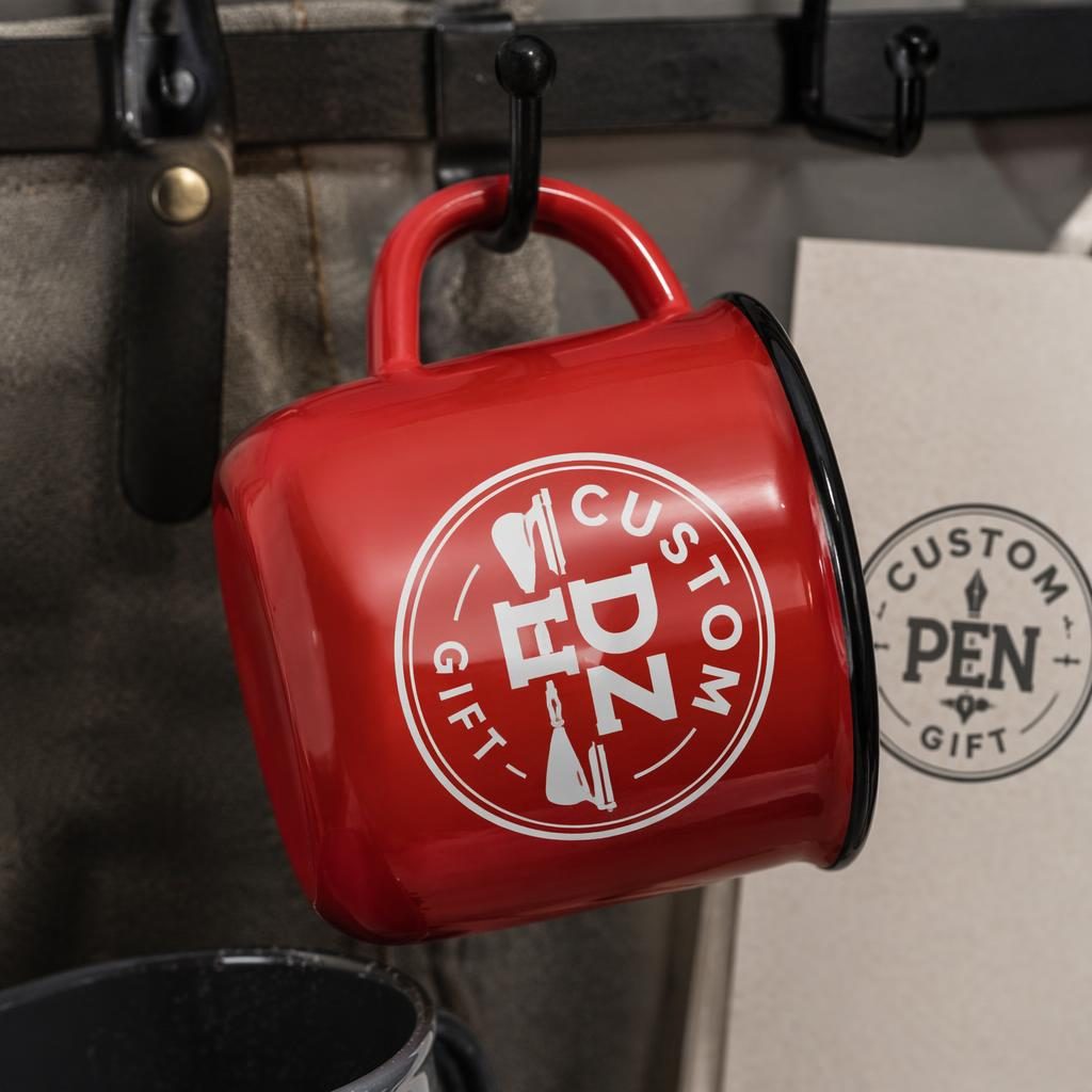 Red enamel mug hanging on a rack with a large custom pen gift logo in a minimal monochrome print.