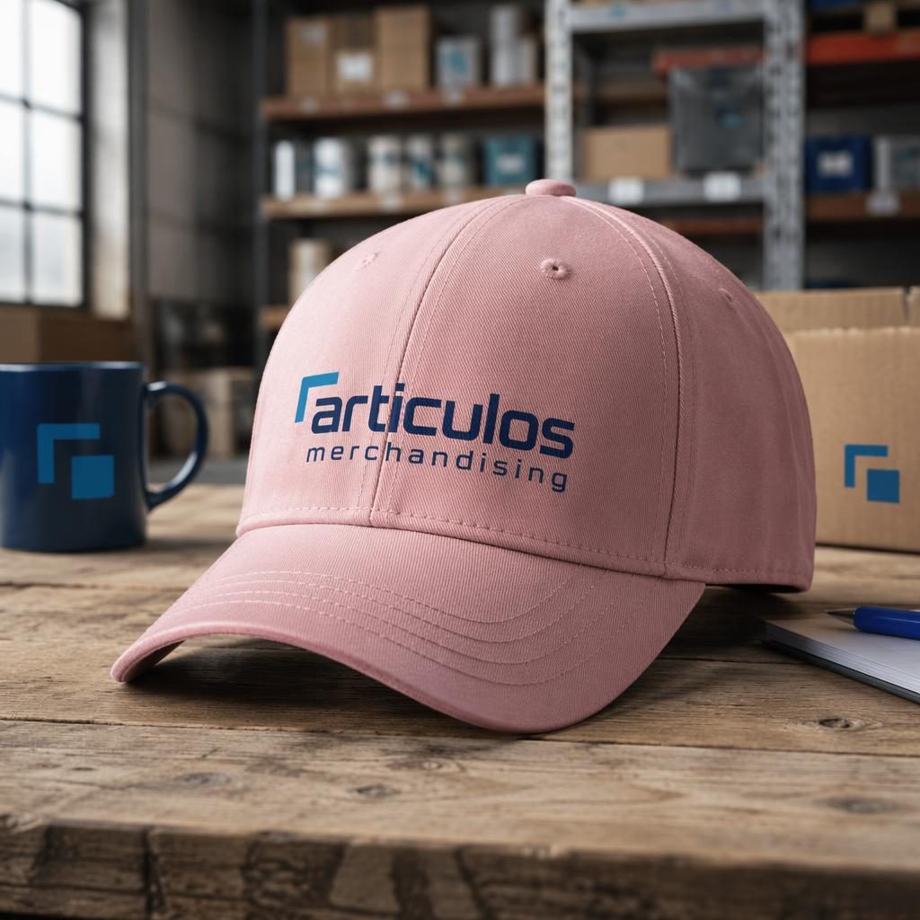 Mockup fotográfico de gorra rosa empolvada con logo grande articulos merchandising en entorno industrial