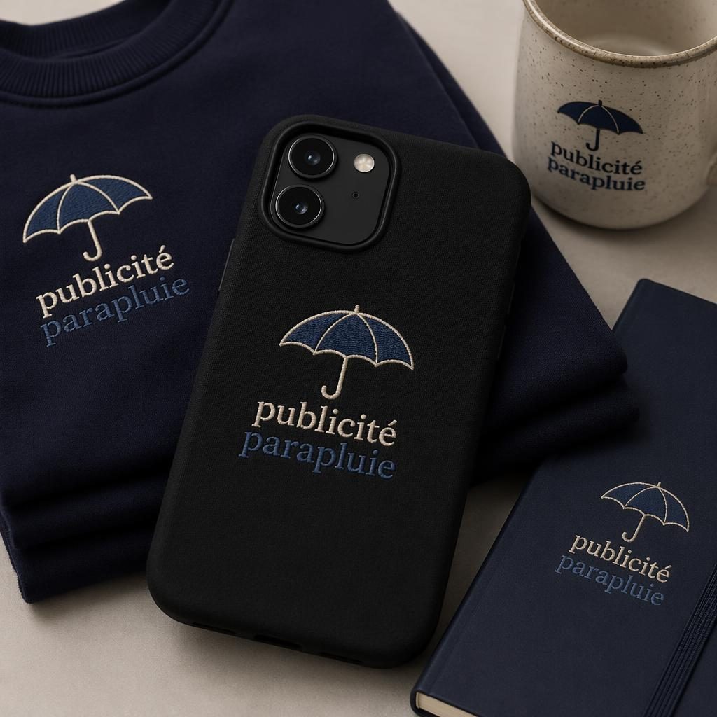 Mockup photo réaliste d’une coque de téléphone noire avec logo publicité parapluie, palette bleu marine et crème