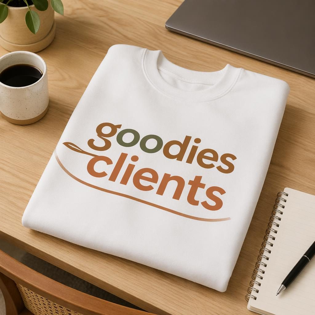 Sweat blanc col rond en mockup photo-réaliste sur un bureau, logo goodies clients en impression continue, tasse et papier.