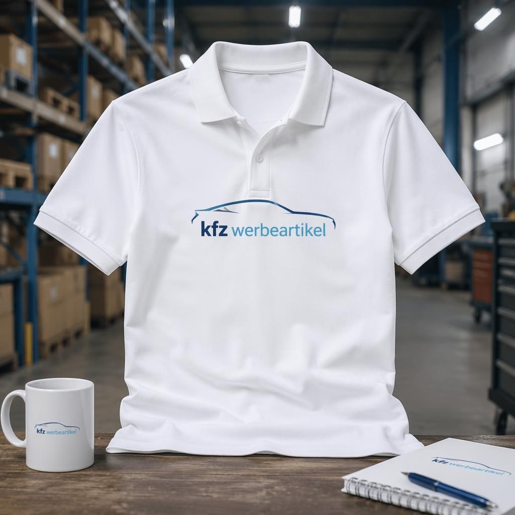 Weies Polo-Shirt mit zentralem kfz werbeartikel Logo, fotografiert als Industrial-Mockup vor Lagerhauskulisse