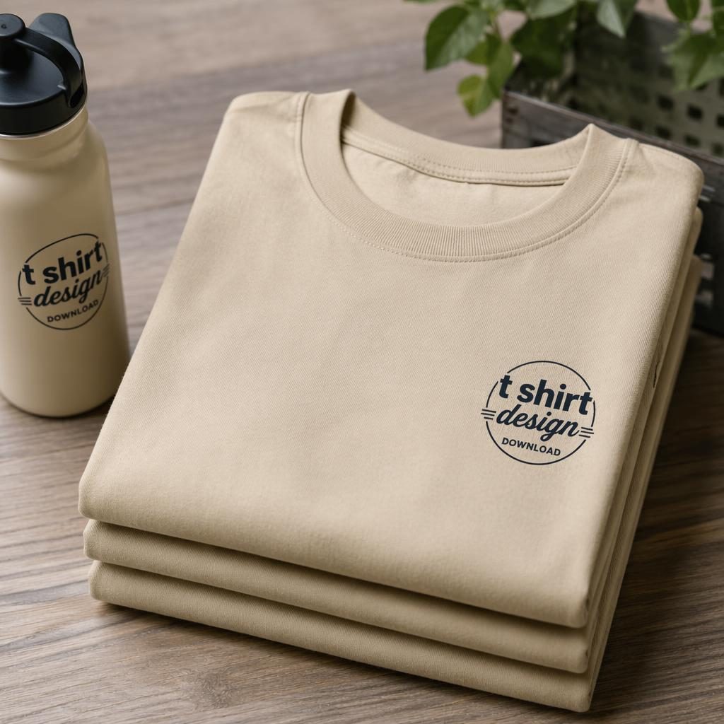 Photo-real beige sand water bottle mockup with small generic logo, studio lighting, sharp texture, navy and cream palette