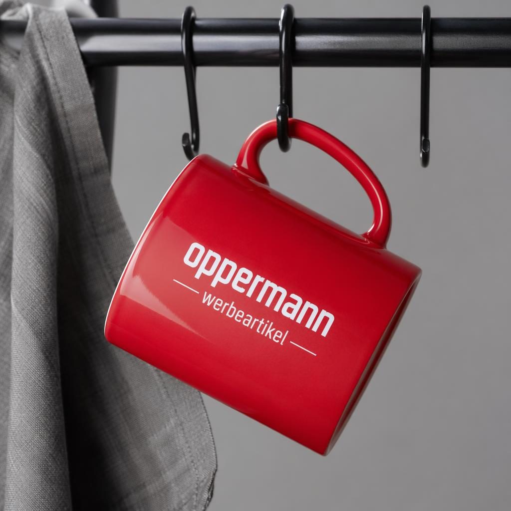 Fotorealistischer roter Keramikbecher mit großem oppermann werbeartikel Logo, im Studio als Merch-Mockup fotografiert.