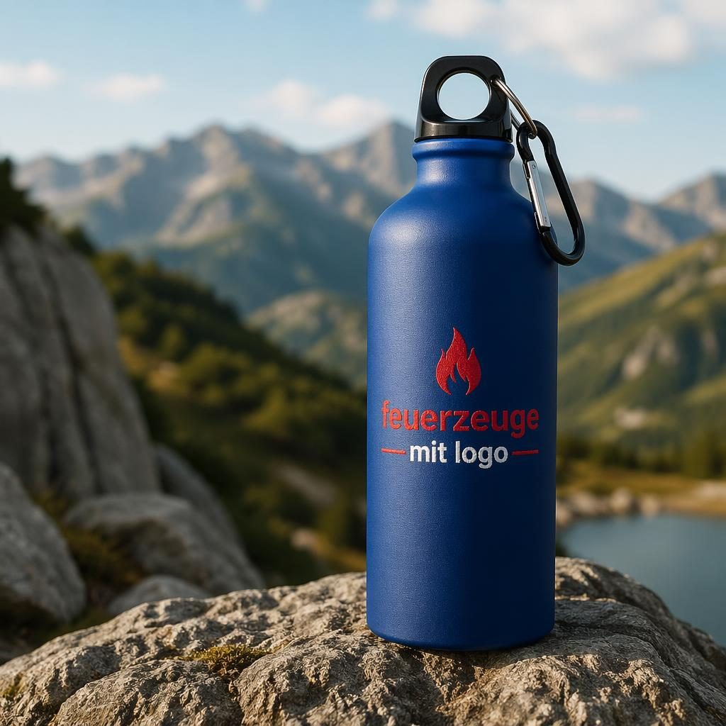 Fotorealistisches Mockup einer königsblauen Trinkflasche mit rotem und weißem Logo im Outdoor-Lifestyle-Stil