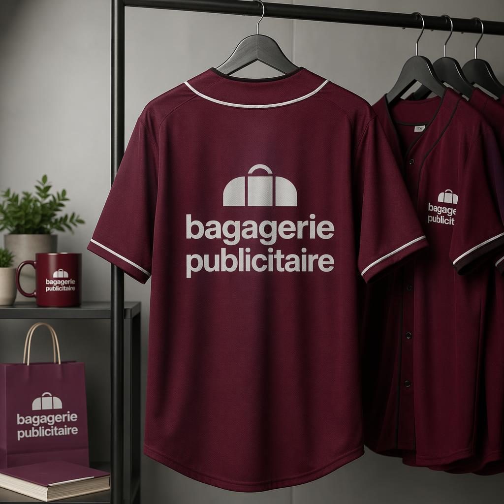Maillot de baseball bordeaux suspendu sur un portant, avec logo typographique circulaire bagagerie publicitaire.