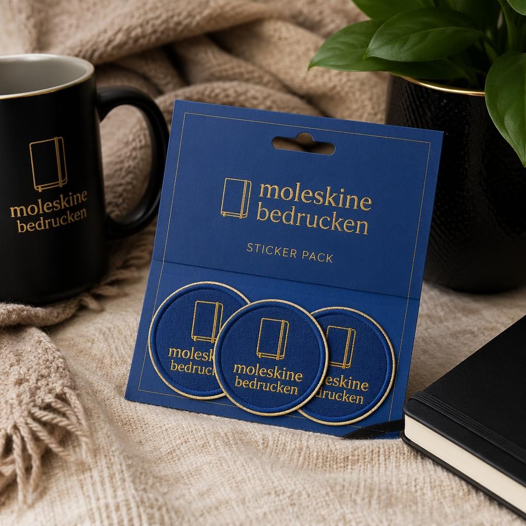 Fotorealistisches Sticker-Pack in Royalblau mit moleskine bedrucken Logo, inszeniert im Cozy-Home-Luxusstil.
