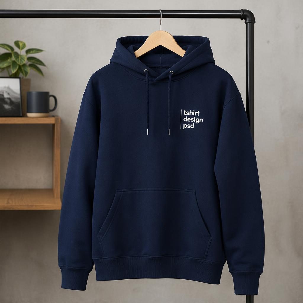 Photo-real navy hoodie hanging on a rack with a small left chest tshirt design psd logo in a minimal monochrome print.
